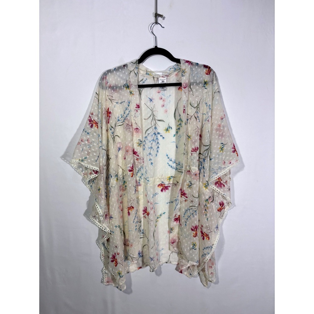 Cottage Festival Boho Floral Swiss Dot Kimono Women XXL Cream Multi Crochet Trim